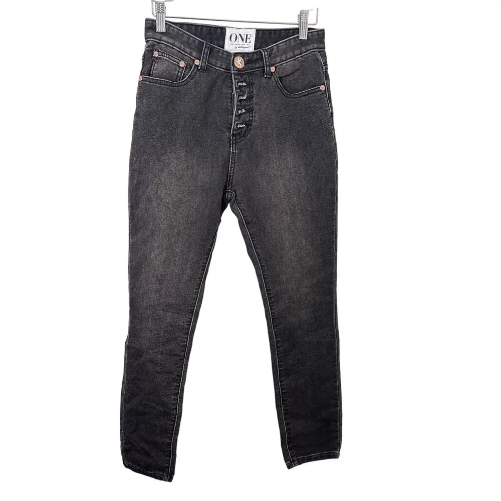 NWT One Teaspoon Sz26 Black Dixies Button Fly High Rise Straight Leg Denim Jeans